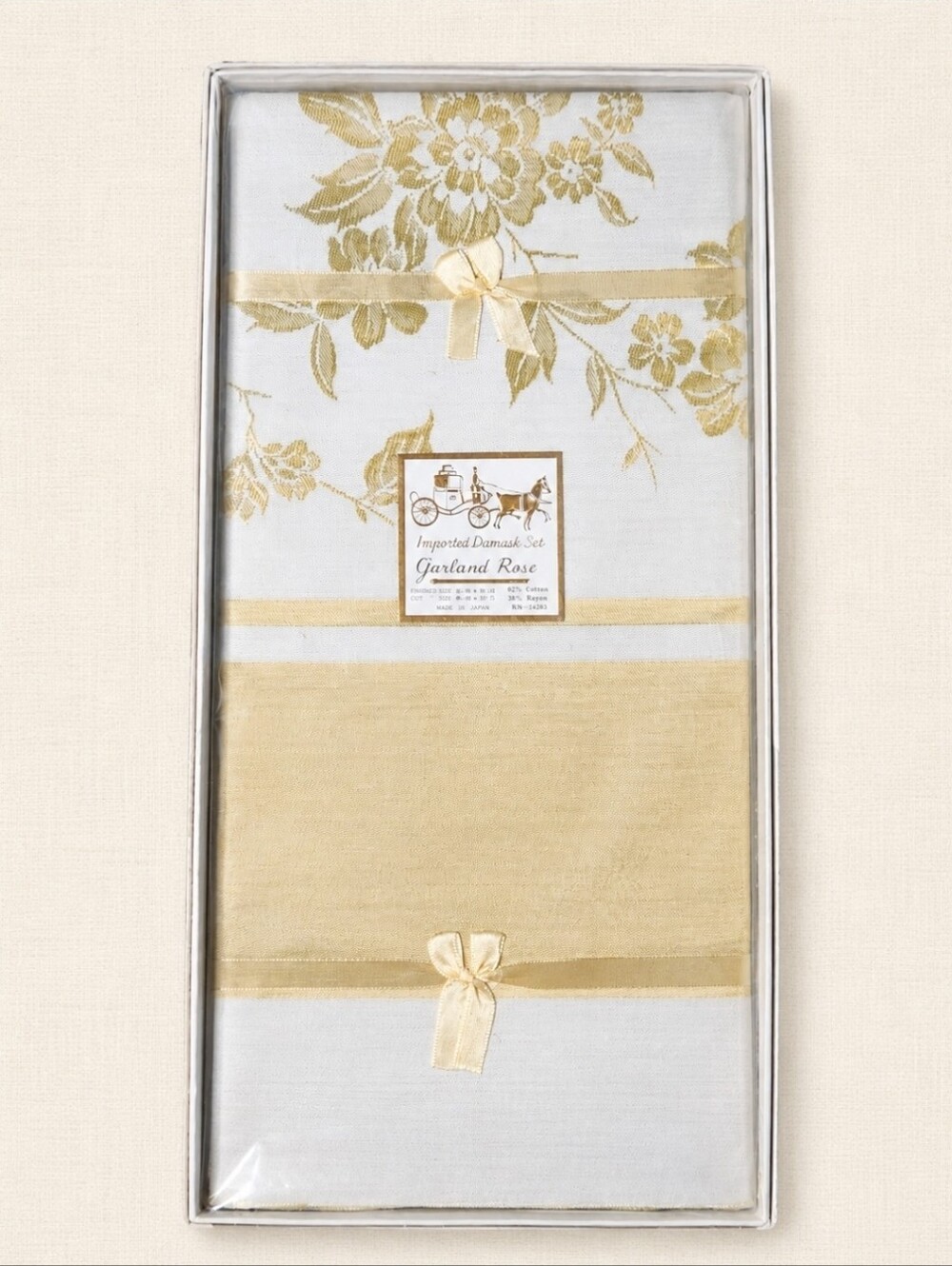 Vintage Garland Rose Damask Tablecloth Set 8 Napkins NOS Made in Japan